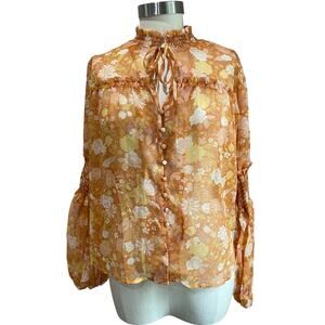 O.P.T X Anthropologie Orange Floral Sheer Smocked Long Sleeve Blouse